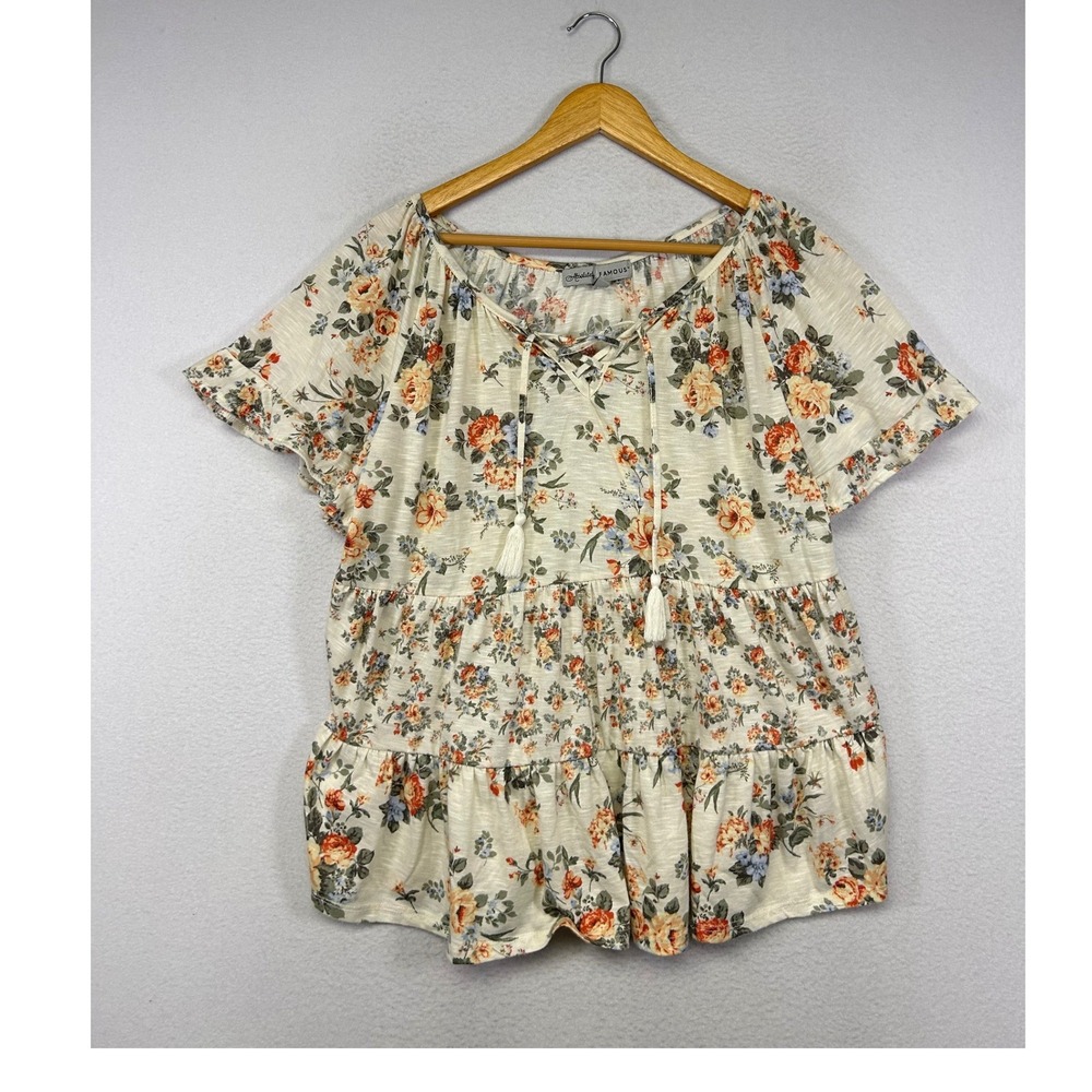 Boho Cottagecore Absolutely Famous Women L Cream Floral Tiered Tassel Blouse Top